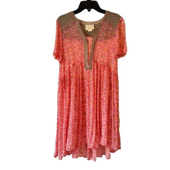 Maeve Womens Mini Dress Size 2 Pink Floral Bohemian Beachy Spring Summer Anthro - Picture 1 of 6